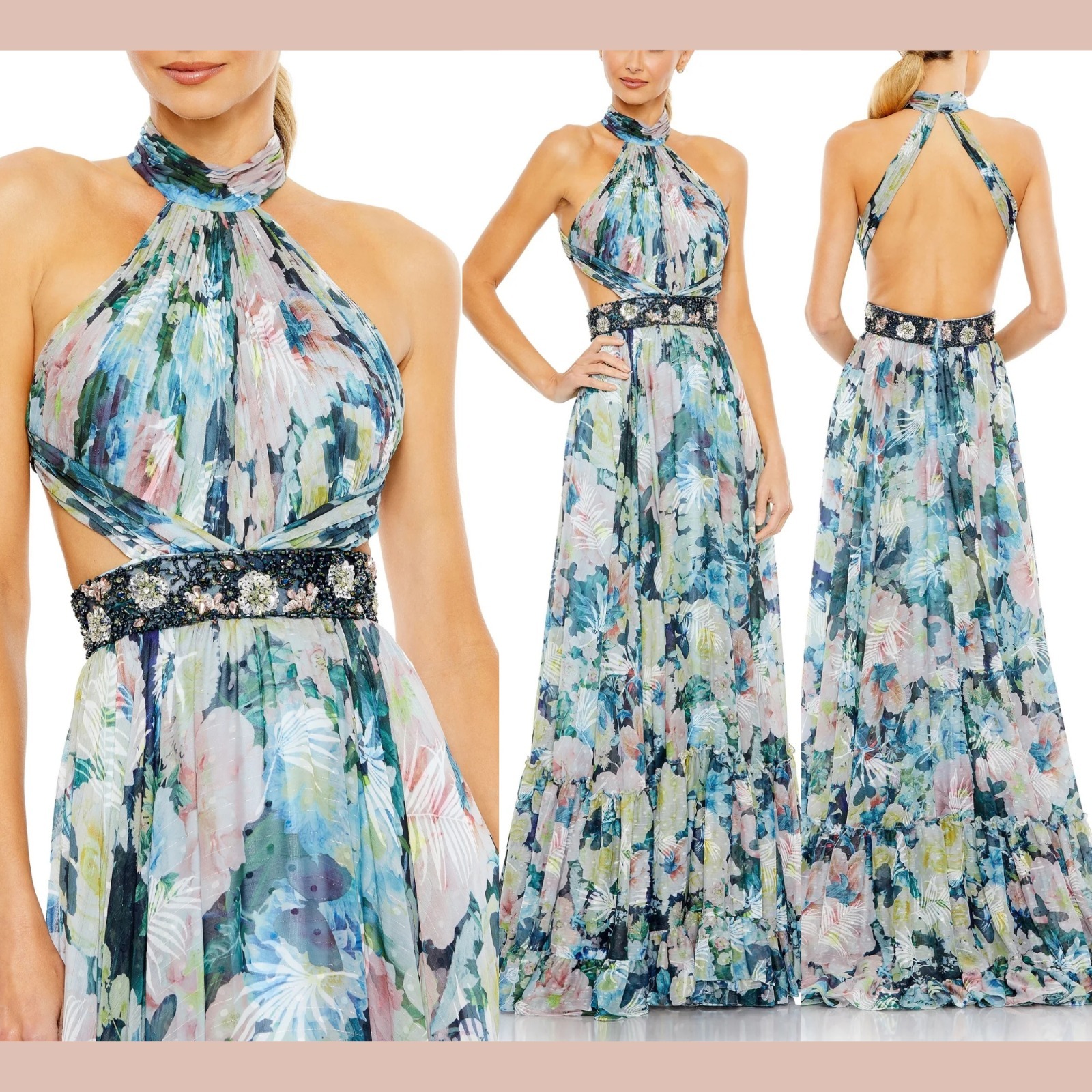 Nwt Mac Duggal [ 12 ] 68089 Floral Halter Cut-Out A Line Gown Pastel Blue J2252